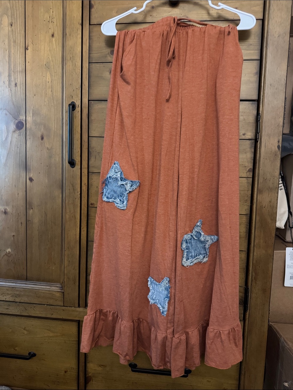 Women’s ' Rust Ruffle Hem Knit Pants with Denim Patch. Upcycled